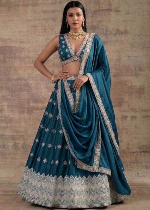 Teal Blue Satin Lehenga Choli With Resham Embroidery