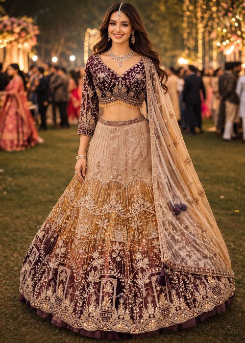 Shaded Beige Net Lehenga Choli With Zari Handwork