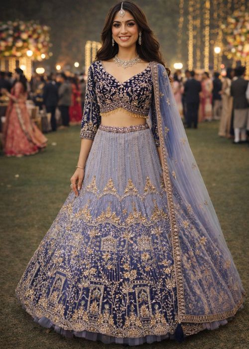 Shaded Blue Net Lehenga Choli With Zari Work