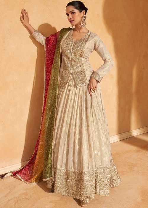 Beige Jacquard Kurti Lehenga With Zari Embroidery