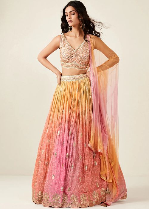 Peach Ombre Lehenga Set With Mirror Work