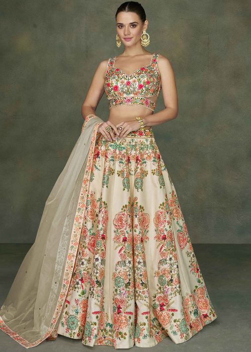 Cream Floral Print Lehenga Set With Sequins Work