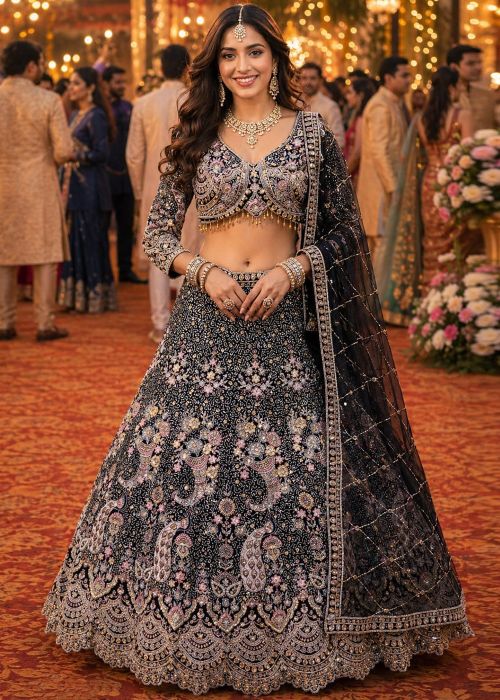 Black Net Lehenga Choli With Hand Embroidery