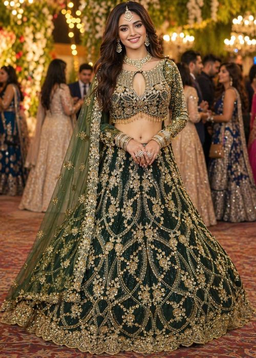 Green Net Lehenga Choli With Stone Work