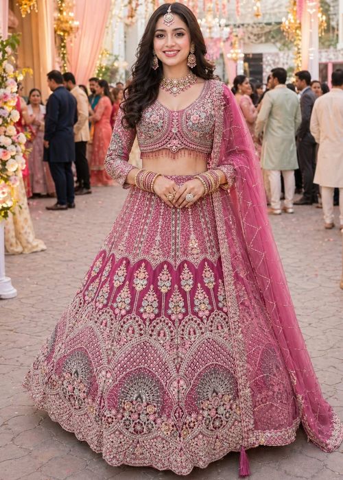 Pink Net Lehenga Choli With Stone Embroidery