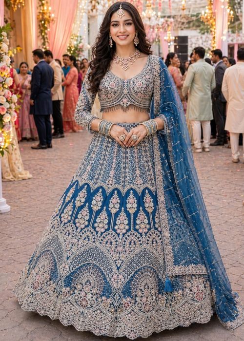 Blue Net Lehenga Choli With Resham Work