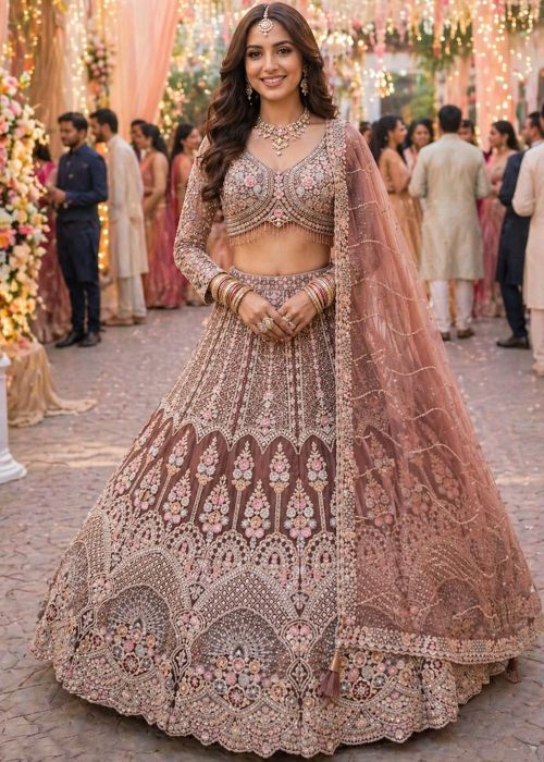 Mauve Pink Net Lehenga Choli With Sequins Design