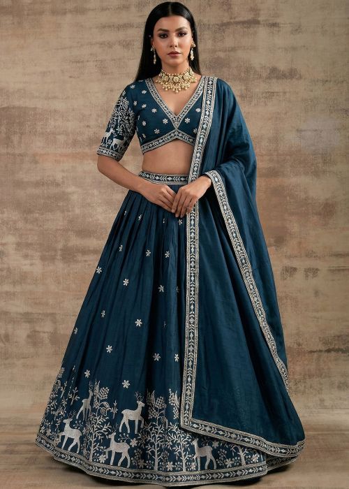 Teal Blue Satin Lehenga Choli With Silver Threads