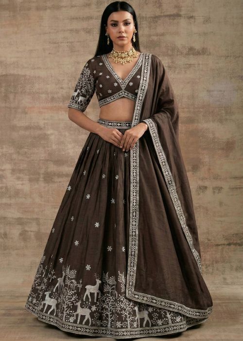 Brown Satin Lehenga Choli With Heritage Motifs