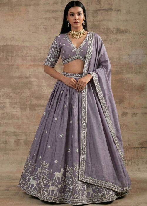 Lavender Satin Lehenga Choli With Deer Motif