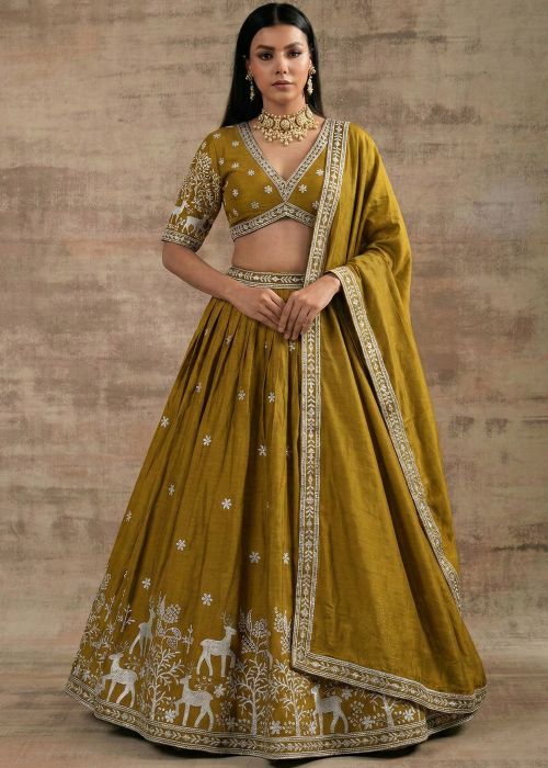 Mustard Yellow Satin Lehenga Choli With Silver Border Work