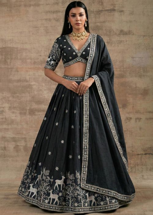 Black Satin Lehenga Choli With Floral Deer Motifs