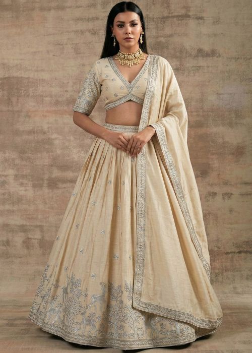 Off White Satin Lehenga Choli With Silver Zari