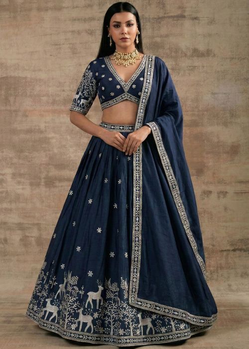 Navy Blue Satin Lehenga Choli With Resham Embroidery