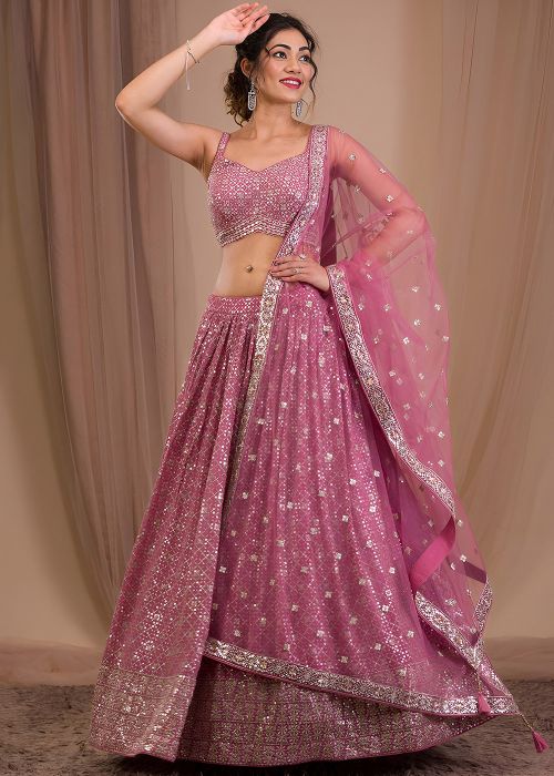 Pink Georgette Lehenga Choli With Sequin Zari Work