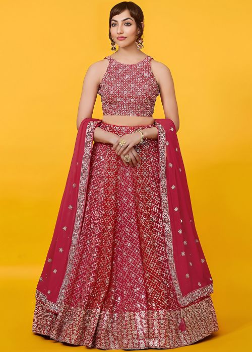 Red Georgette Lehenga Choli With Sequins Work