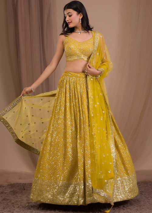 Yellow Georgette Lehenga Choli With Zari Highlights