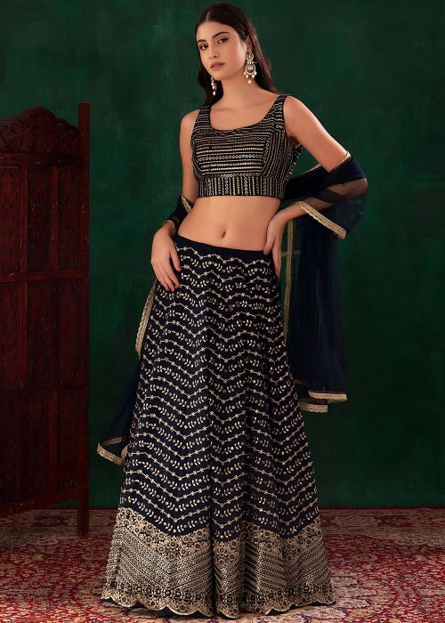 Navy Blue Georgette Lehenga Choli With Gold Sequins