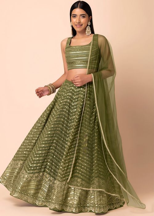 Green Georgette Lehenga Choli With Zari Sequins