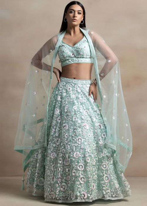 Blue Net Lehenga Choli With Thread Embroidery
