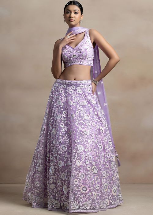 Lavender Net Lehenga Choli With Sequins Floral Work