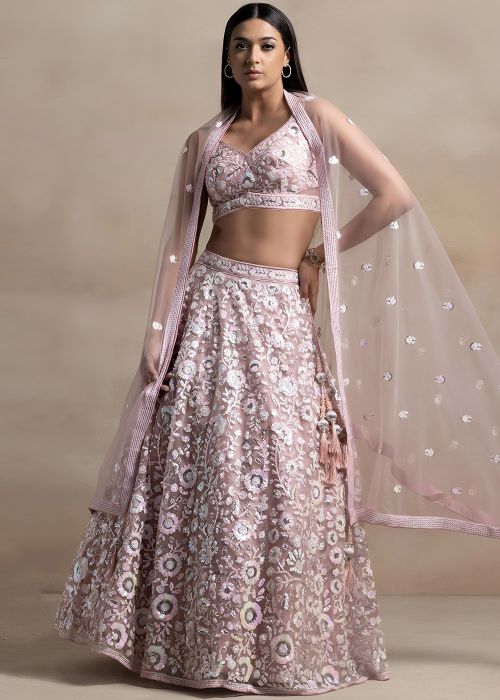 Pink Net Lehenga With Floral Sequins Work