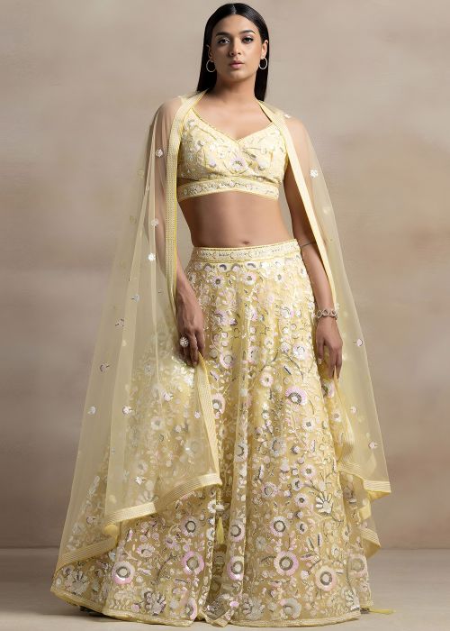 Yellow Net Lehenga With Sequins Embroidery