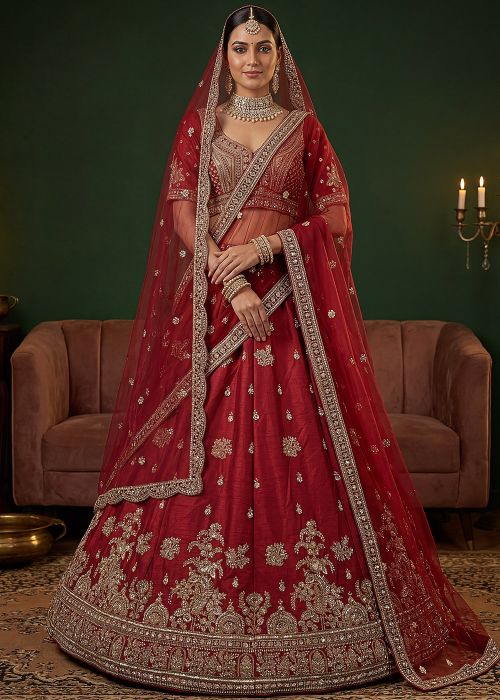 Red Silk Bridal Lehenga Choli With Dual Dupatta