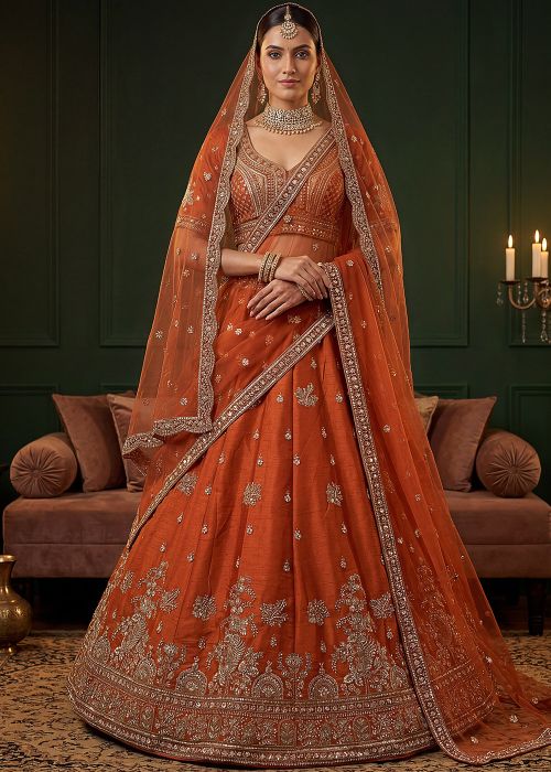 Rust Orange Silk Bridal Lehenga Choli With Embroidery