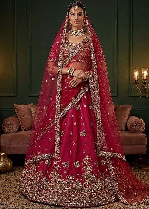 Rani Pink Silk Bridal Lehenga Choli With Net Dupatta