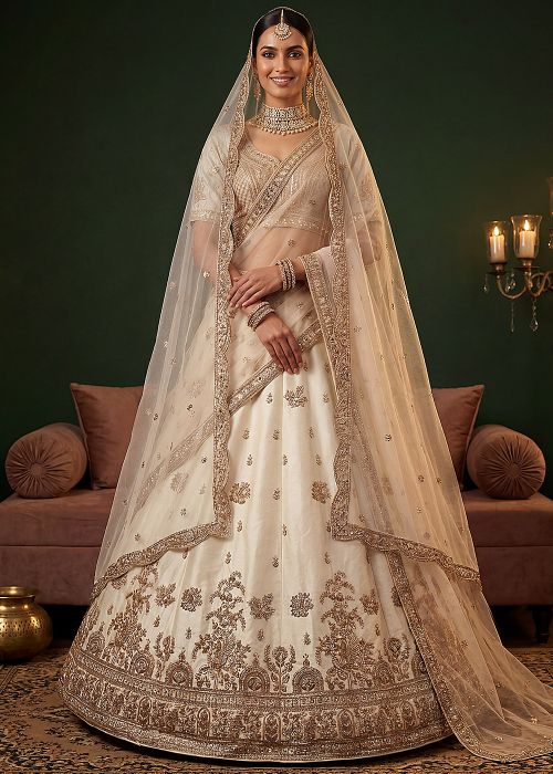 Off White Silk Bridal Lehenga Choli With Dual Dupatta