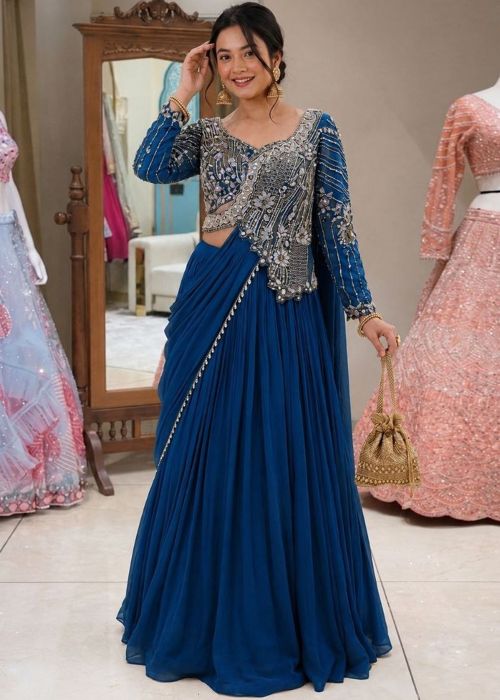 Blue Art Silk Lehenga Choli With Embroidery