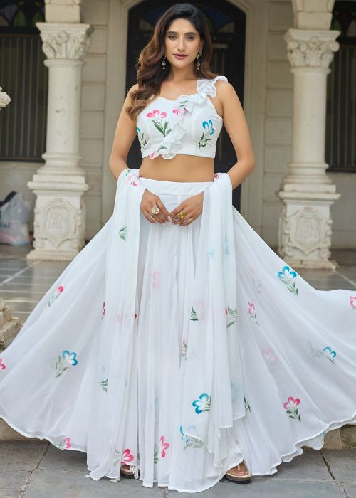 White Georgette Lehenga Choli With Hand Paint