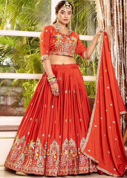 Orange Crape Lehenga Choli With Floral Embroidery