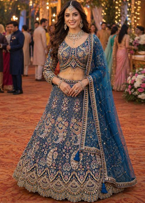 Blue Net Bridal Lehenga Choli With Resham Work