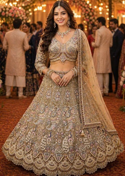 Beige Net Lehenga Choli With Sequins Embroidery