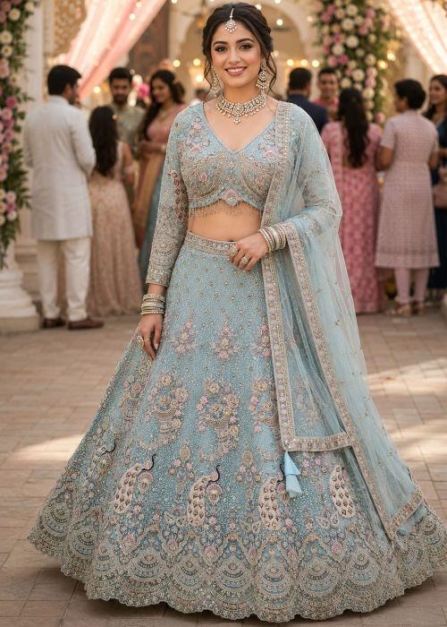 Pastel Blue Net Lehenga Choli With Resham Work