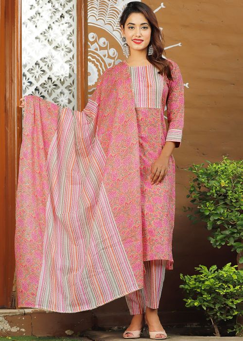 Peach Floral Readymade Cotton Pant Suit