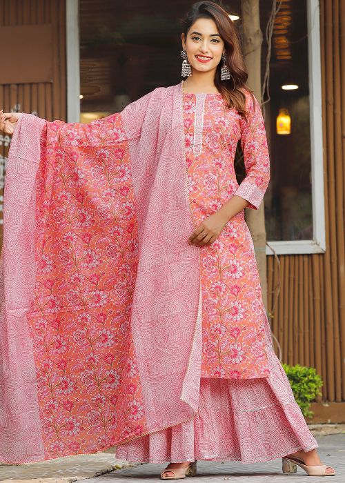 Peach Readymade Floral Sharara Style Salwar Kameez