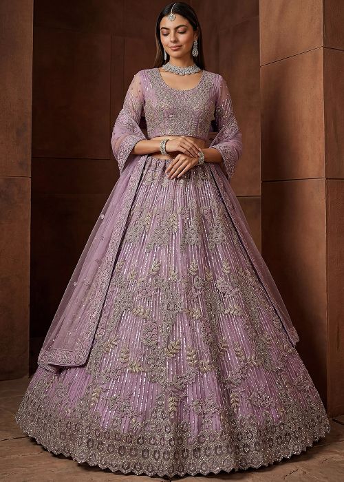 Lavender Net Lehenga Choli With Stone Work