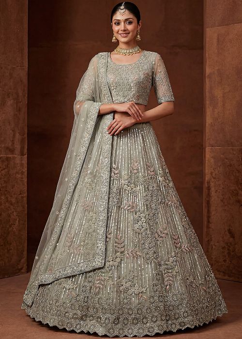 Sage Green Net Lehenga Choli With Dori Work