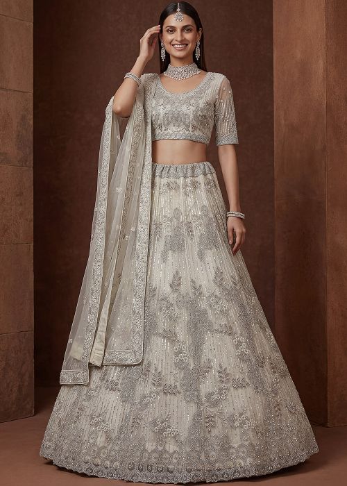 Cream Net Lehenga Choli With Silver Embroidery