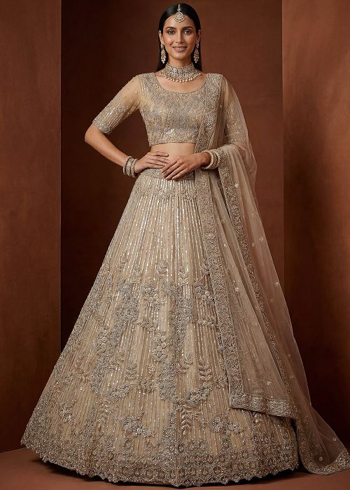Golden Net Lehenga Choli With Zari Embroidery