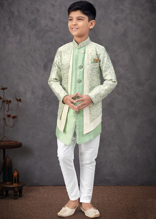 Green Floral Print Kids Sherwani In Jacket Style