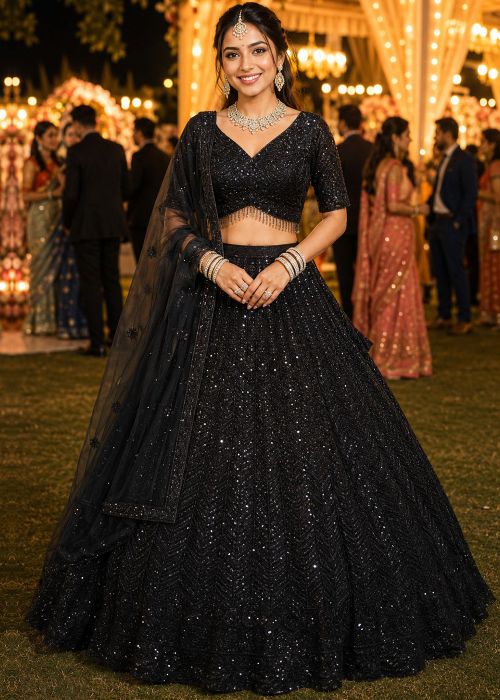Black Net Lehenga Choli With Sequins Detail
