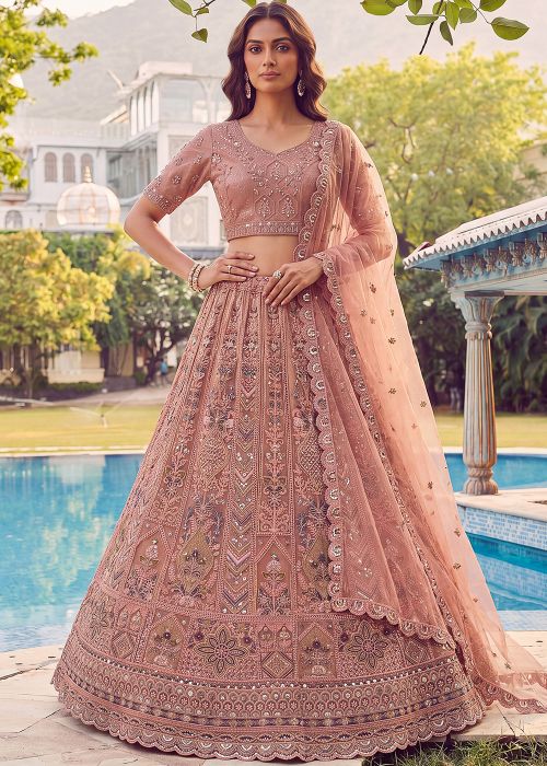 Peach Net Lehenga Choli With Dori Work
