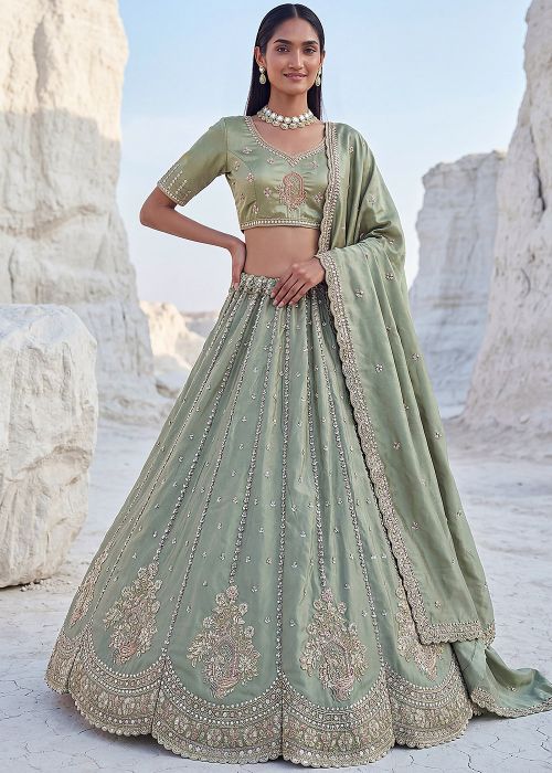 Sage Green Silk Lehenga Choli With Zari Detail