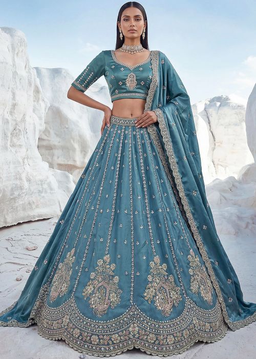 Dusty Blue Silk Lehenga Choli With Sequins Work