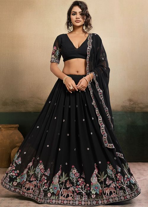 Black Georgette Lehenga Choli With Floral Thread