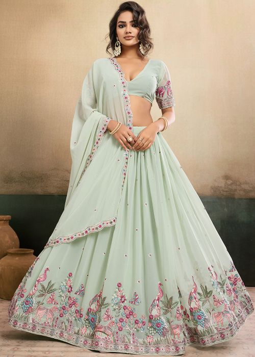 Mint Green Georgette Lehenga Choli With Sequins
